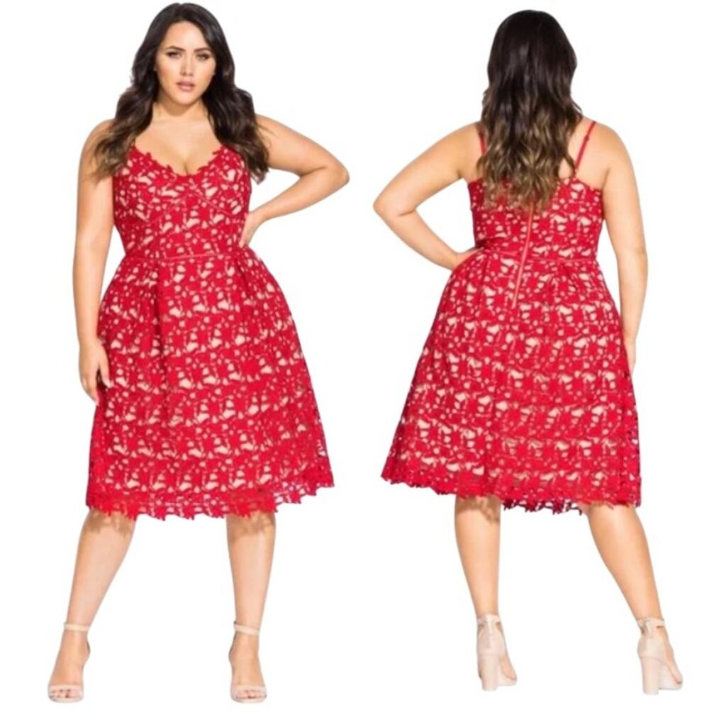 City Chic Red Scarlet Dress So Fancy Lace Fit & Flare Midi Dress